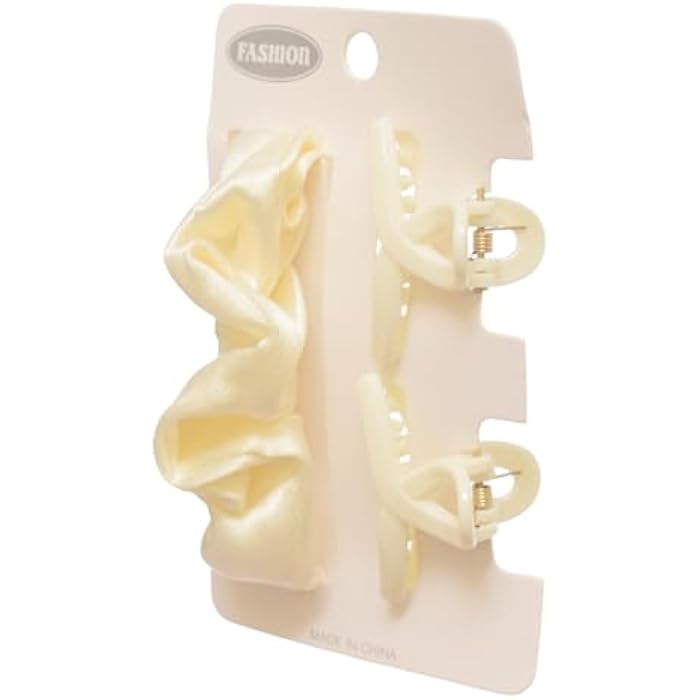 Hair Claw Clips With Hair Scrunchies For Girls Set, 3 Pieces - Offwhite - Image 3